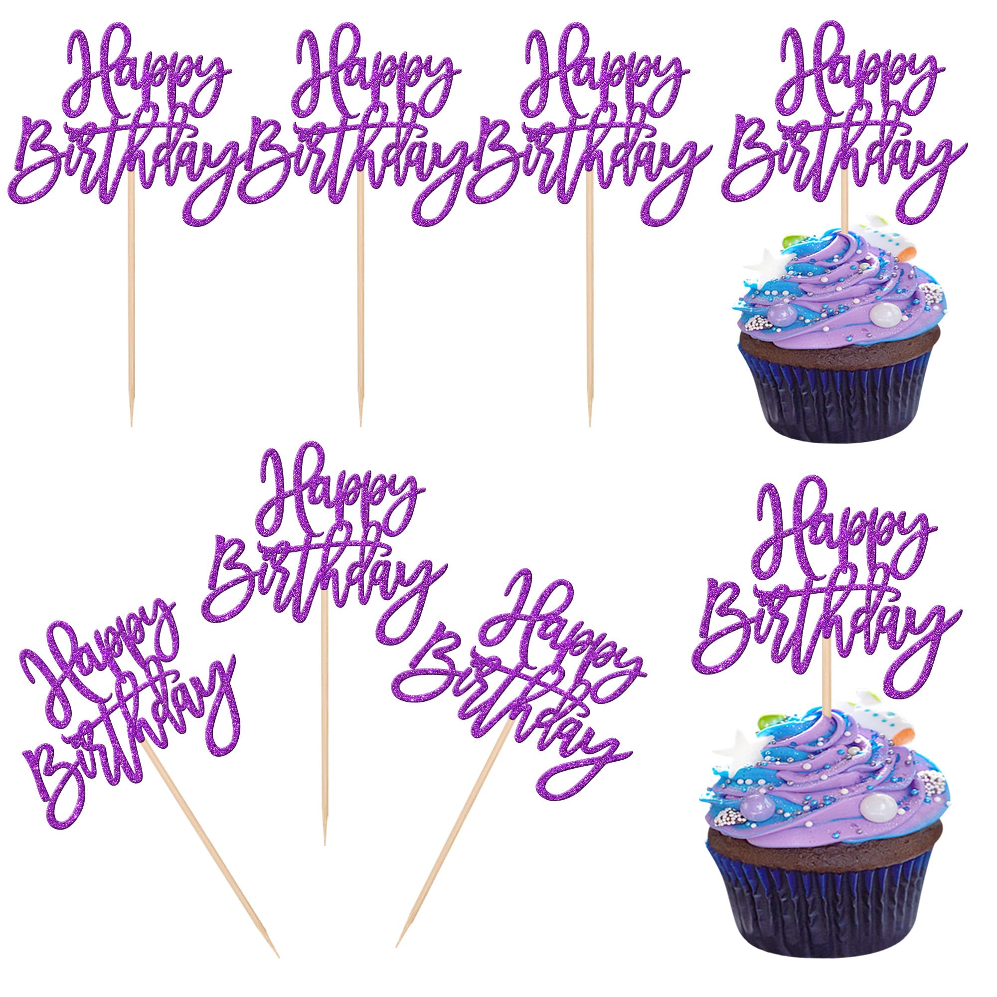 ZHUOWEISM 24 PCS Glitter Happy Birthday Cupcake Toppers – Purple Party Picks