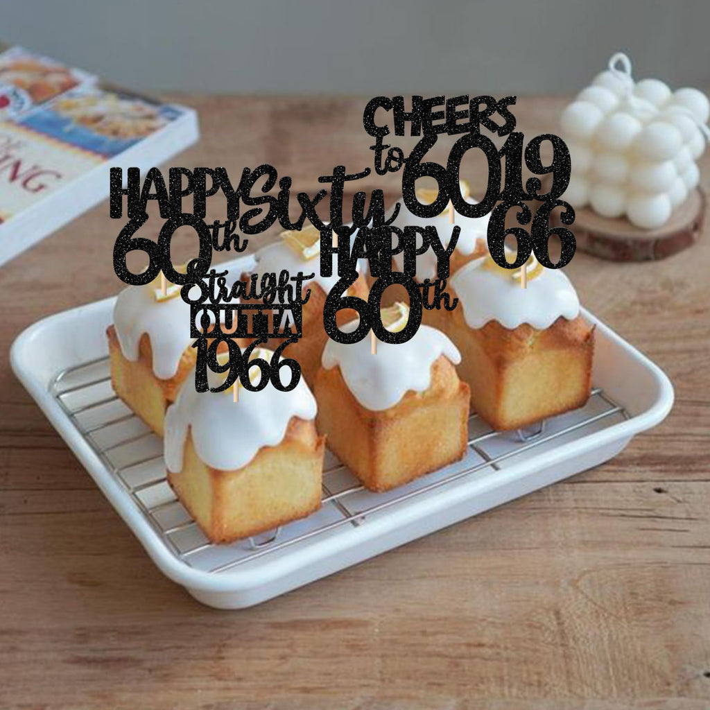 ZHUOWEISM 30Pcs Black Glitter Cupcake Toppers — Straight Outta 1966, 60th Birthday & Anniversary