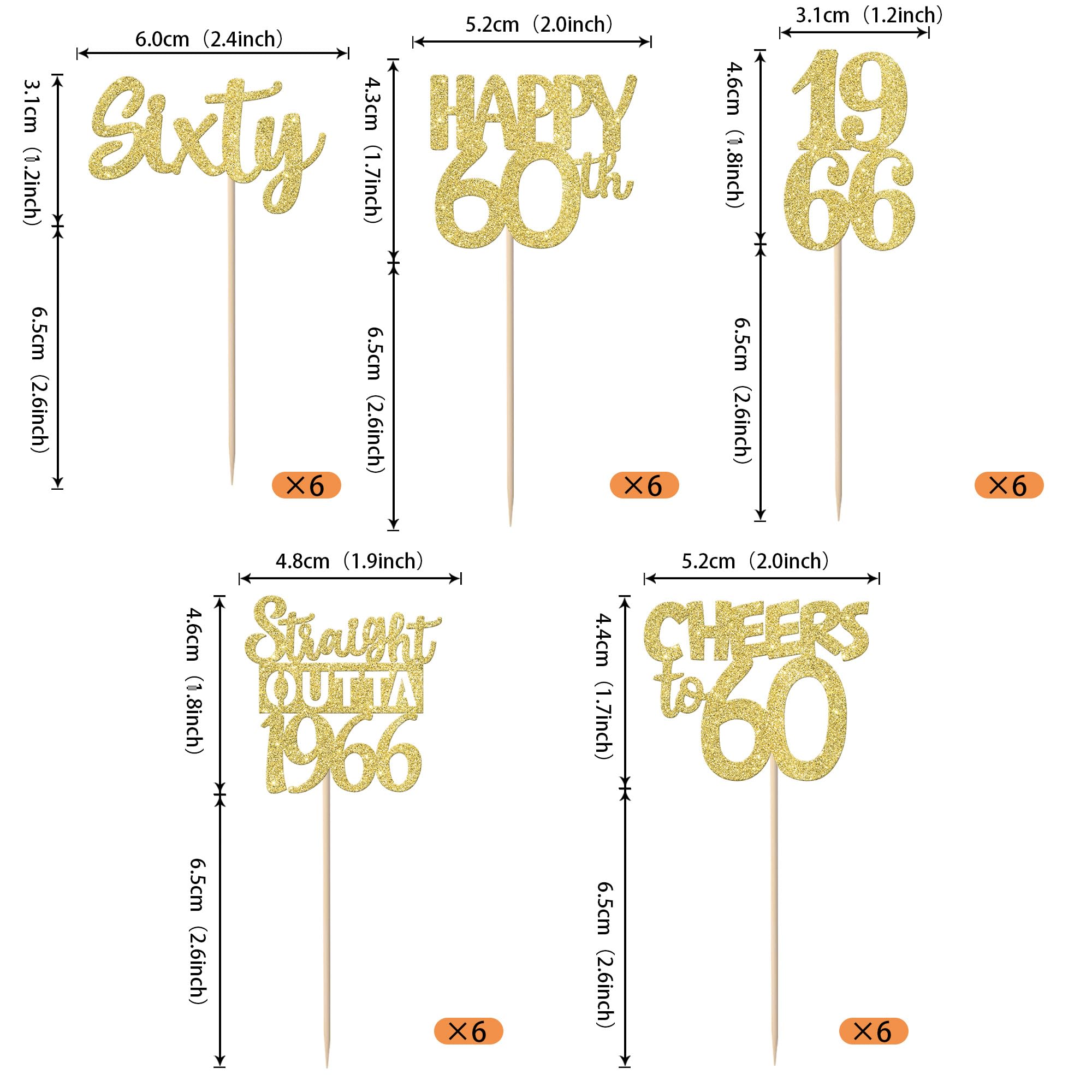 Zhuoweism 30Pcs Gold Glitter 1966 Cupcake Toppers for 60th Birthday Parties