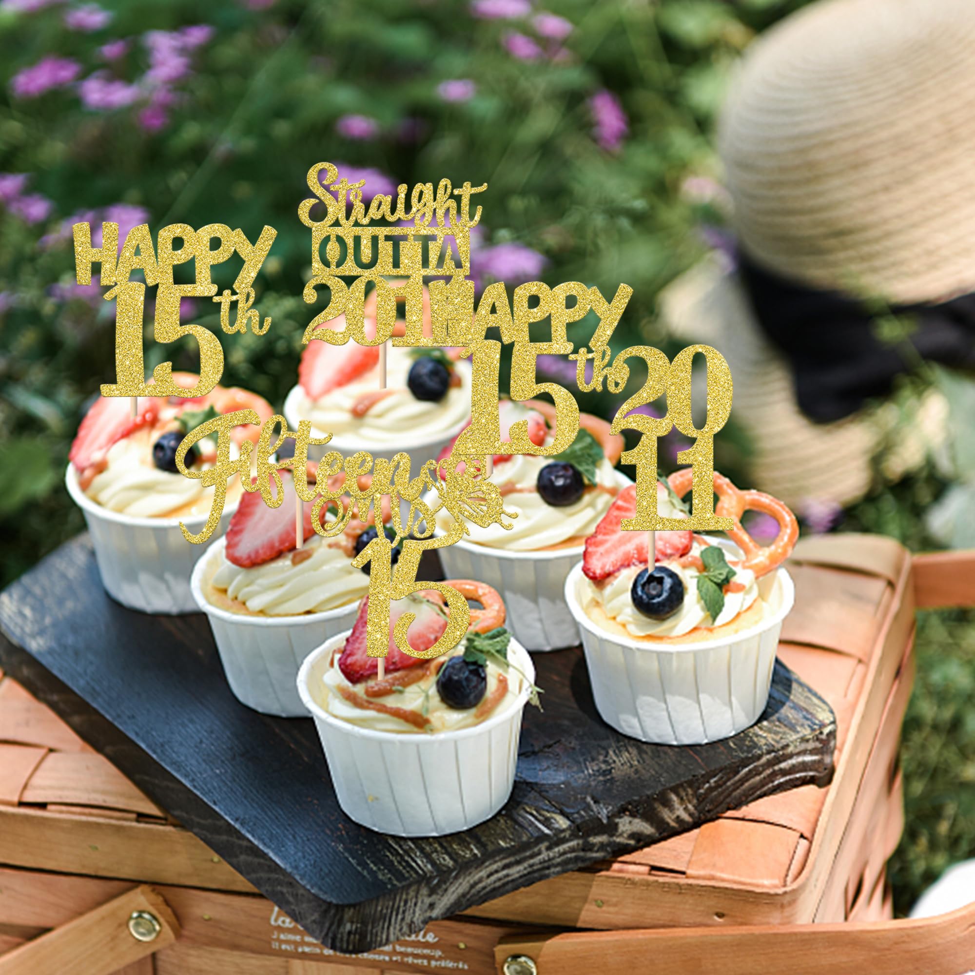 ZHUOWEISM 30Pcs Straight Outta 2011 Cupcake Toppers – Gold Glitter for 15th Birthday