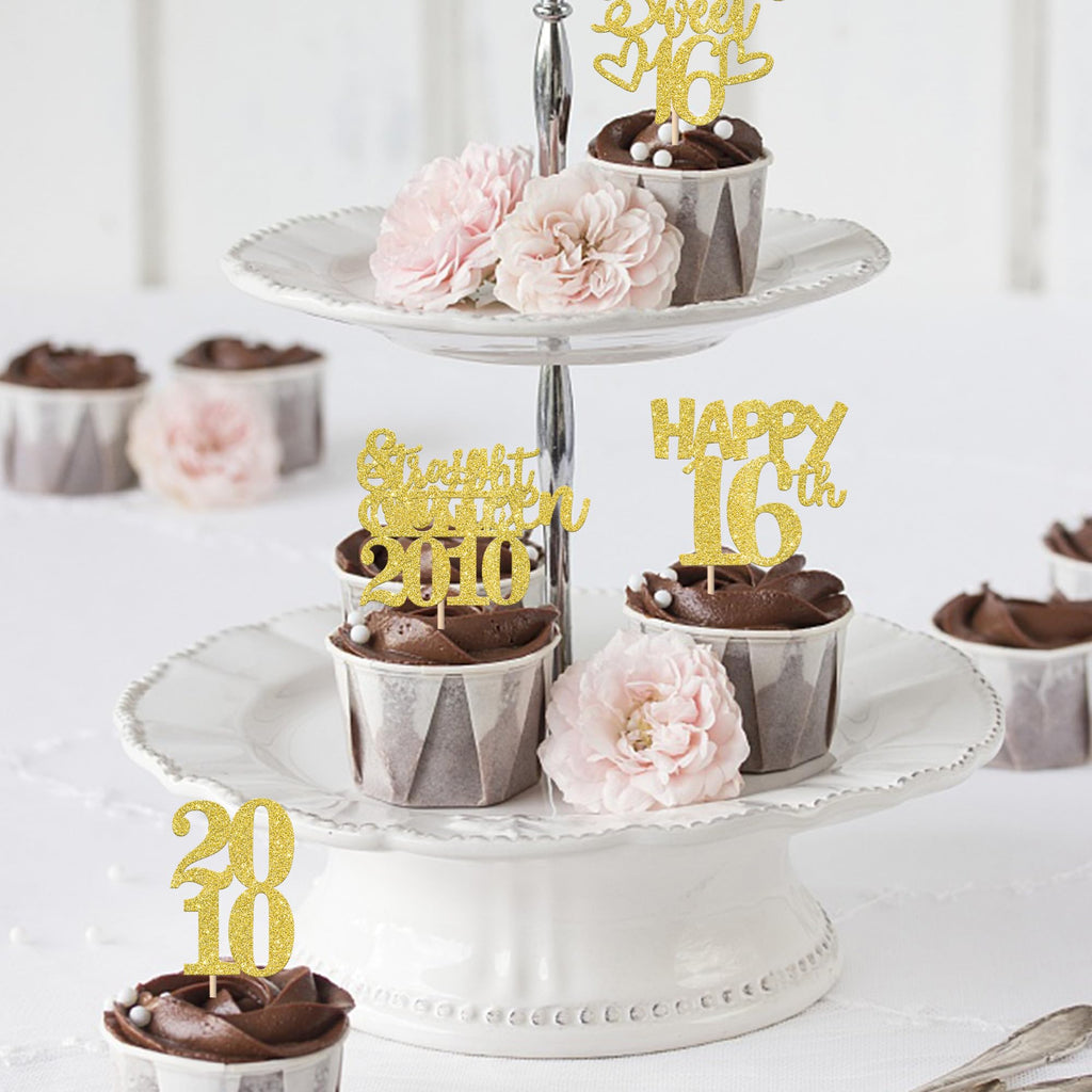 ZHUOWEISM 30Pcs Happy 16th Birthday Cupcake Toppers | Gold Glitter 'Straight Outta 2010' Picks