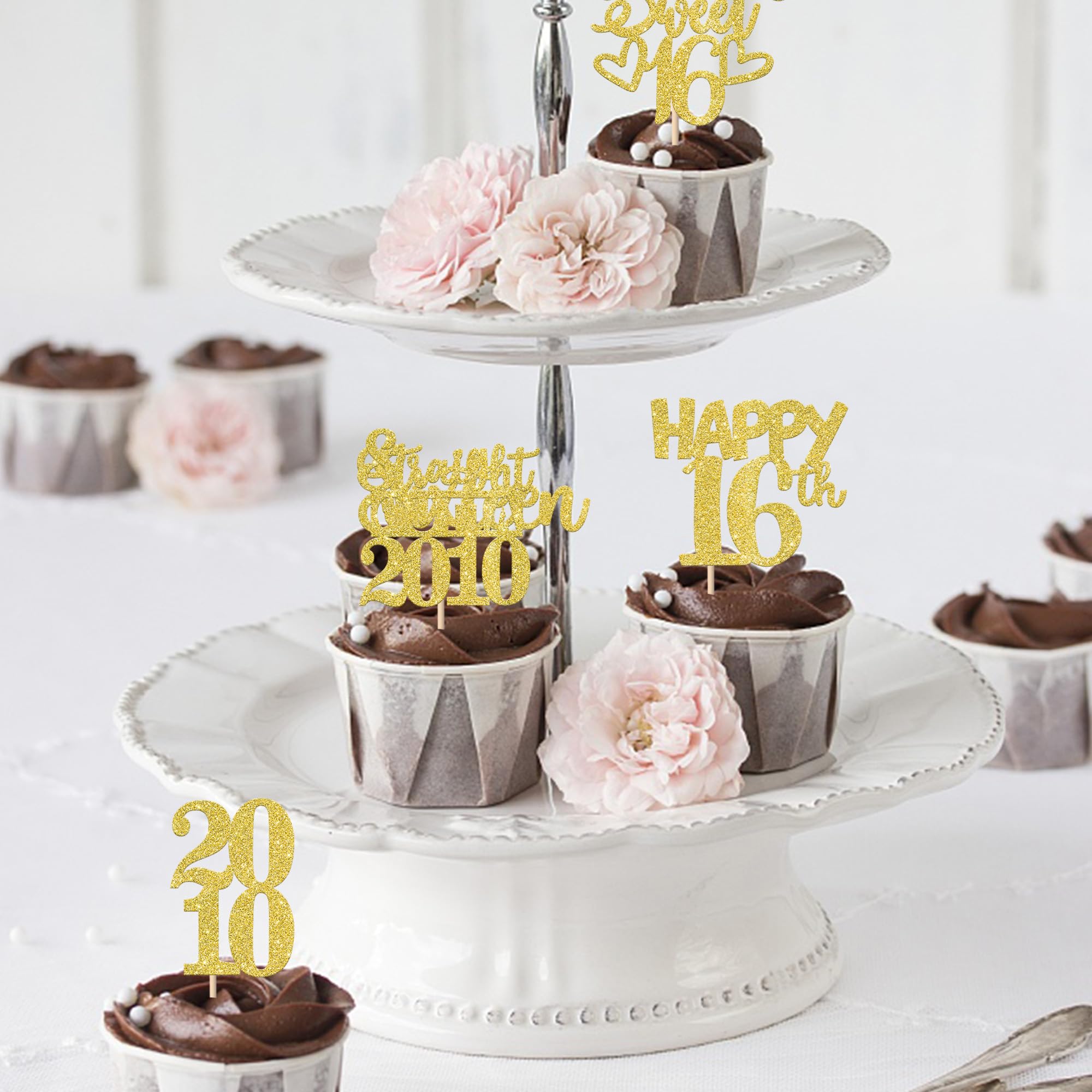 ZHUOWEISM 30Pcs Happy 16th Birthday Cupcake Toppers | Gold Glitter 'Straight Outta 2010' Picks