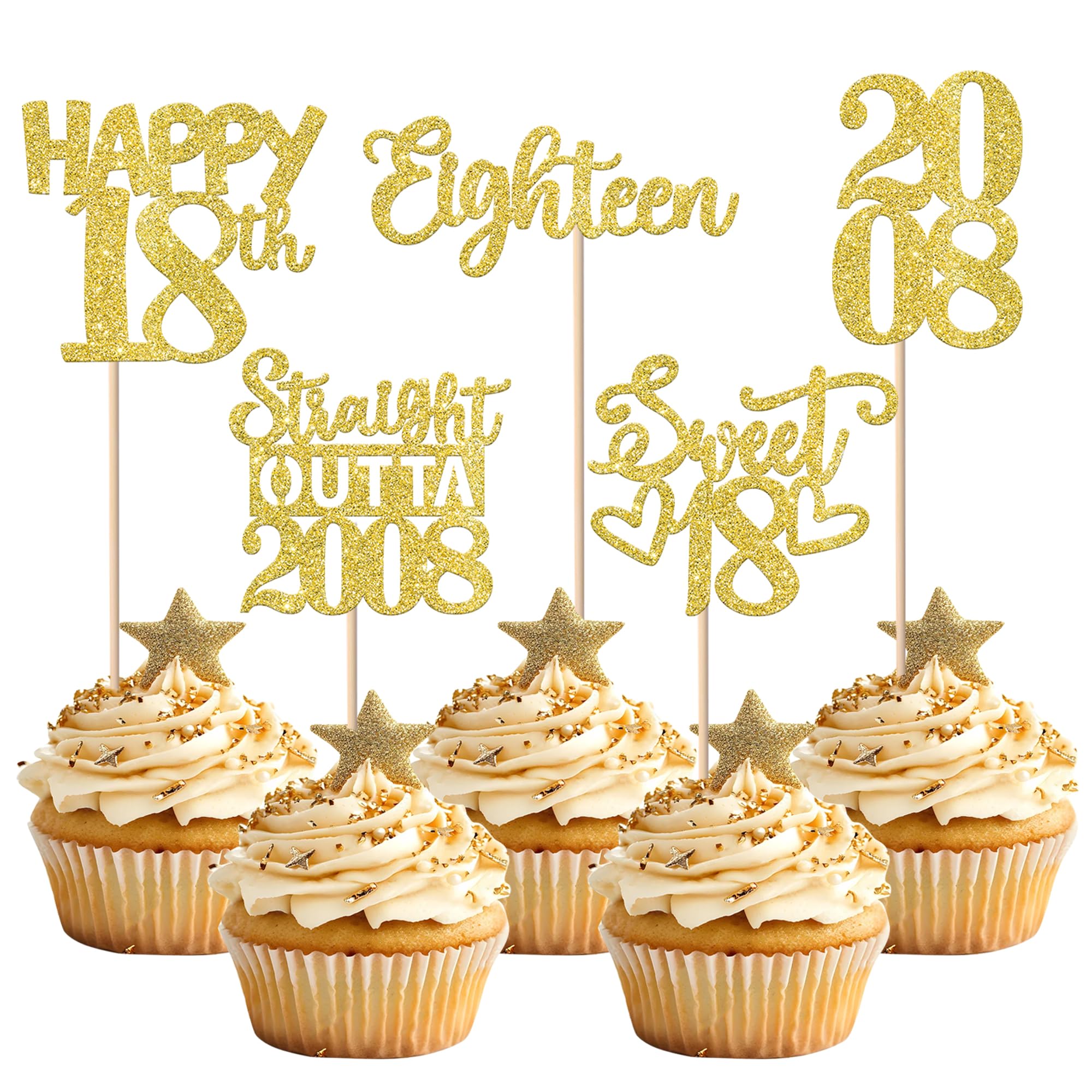 ZHUOWEISM 30Pcs Happy 18th Birthday Cupcake Toppers - Gold Glitter Straight Outta 2008