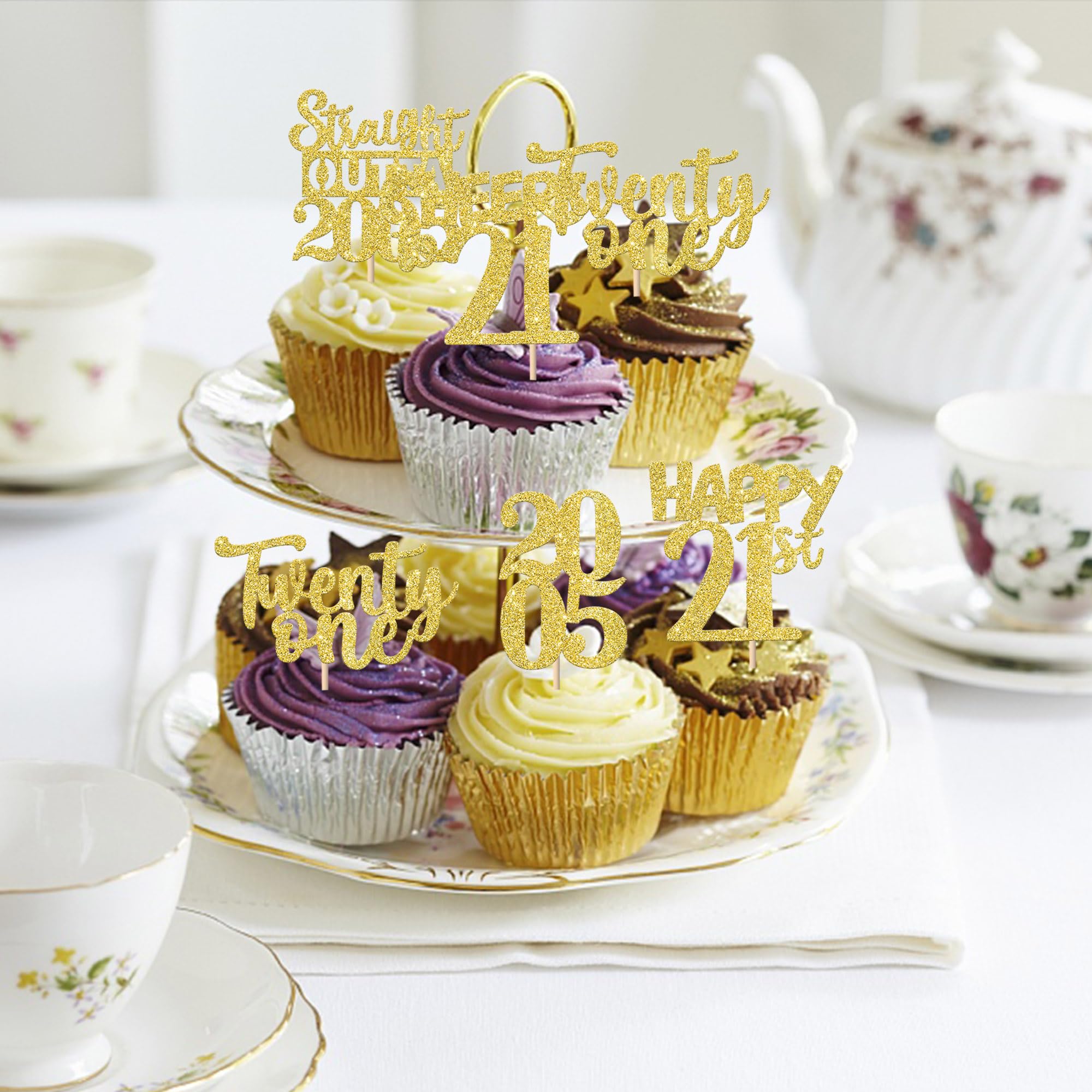 ZHUOWEISM 30Pcs Happy 21st Birthday Cupcake Toppers – Gold Glitter Straight Outta 2005