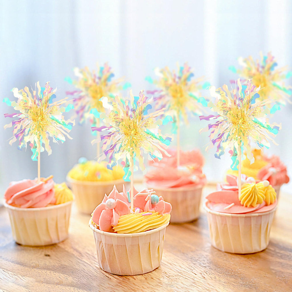 ZHUOWEISM 30 Pcs Foil Firework Cupcake Toppers – Sparkle Tinsel Picks for Birthday, Baby Shower, Graduation, Wedding