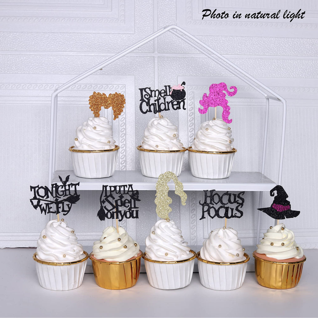 ZHUOWEISM 32 Pcs Hocus Pocus Cupcake Toppers – Glitter Witch Hat Picks for Halloween Party