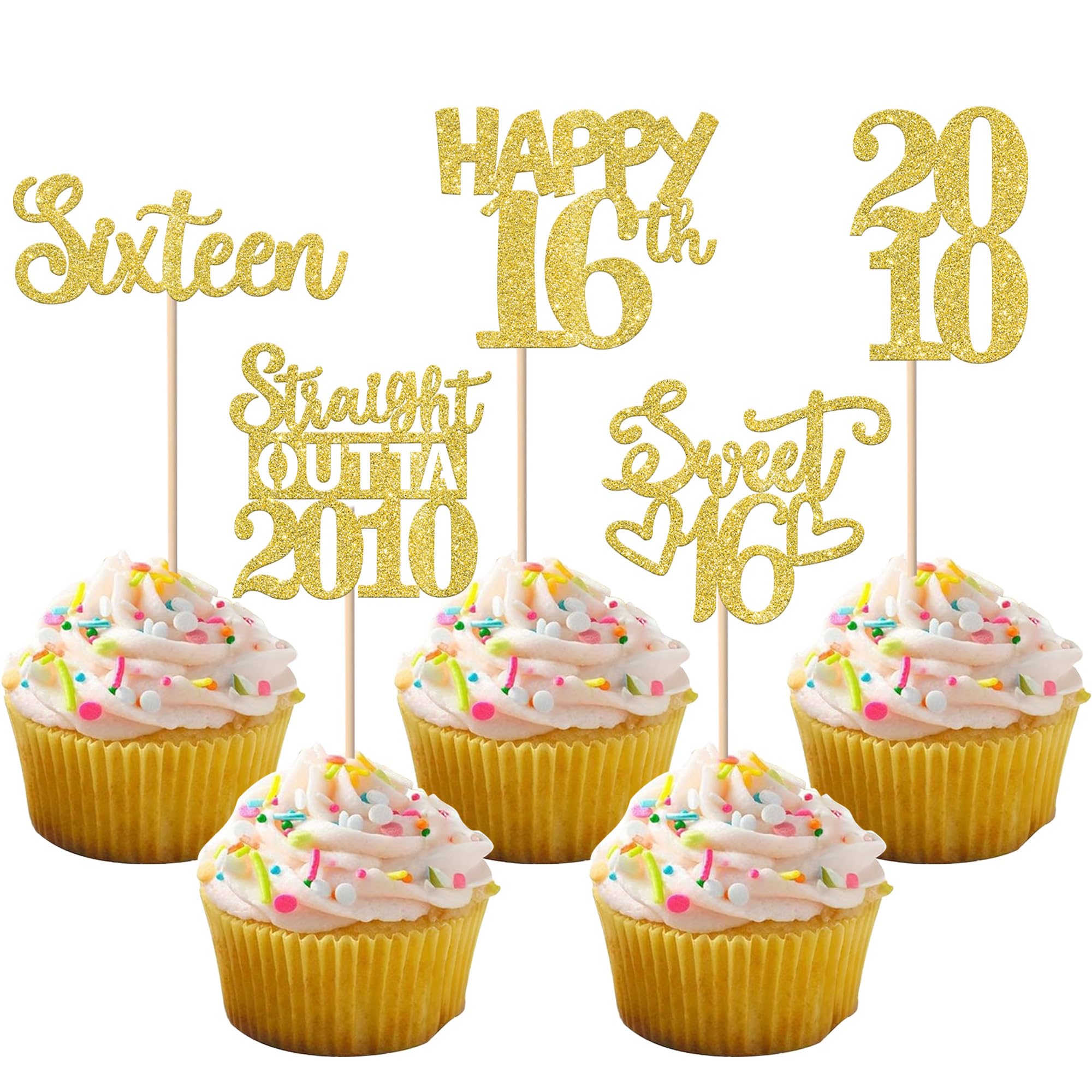 ZHUOWEISM 30Pcs Happy 16th Birthday Cupcake Toppers | Gold Glitter 'Straight Outta 2010' Picks