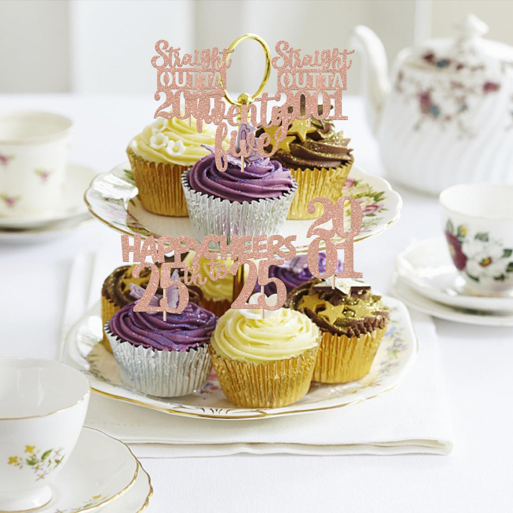 ZHUOWEISM 30Pcs Rose Gold 25th Birthday Cupcake Toppers Glitter – Straight Outta 2001