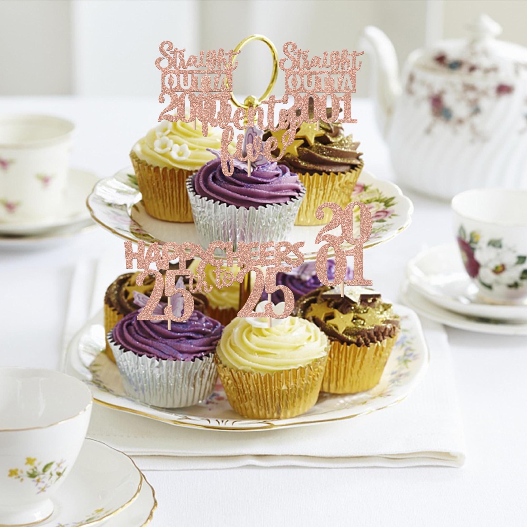 ZHUOWEISM 30Pcs Rose Gold 25th Birthday Cupcake Toppers Glitter – Straight Outta 2001