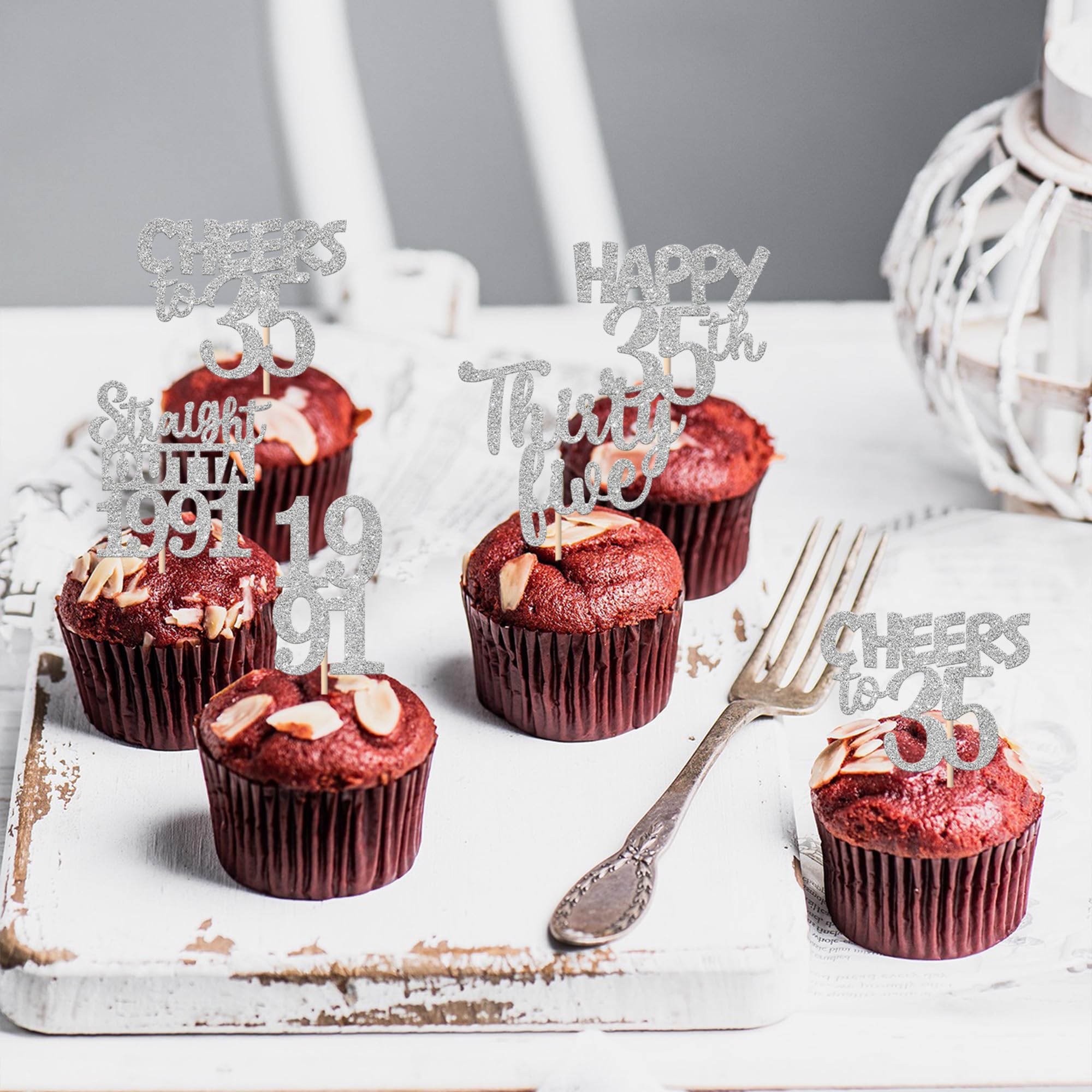 ZHUOWEISM 30 Pcs 35th Birthday Cupcake Toppers Glitter – Straight Outta 1991 Party Picks (Silver)