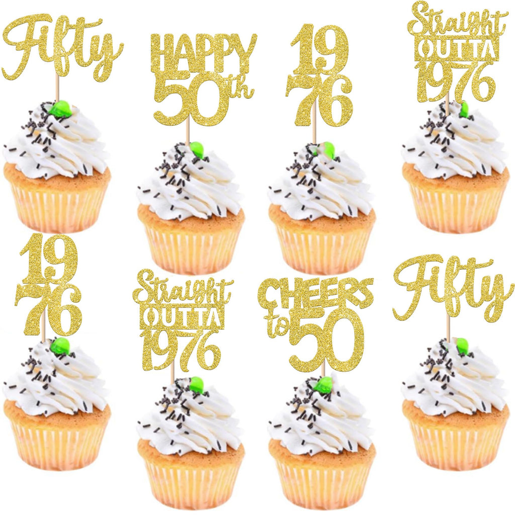 ZHUOWEISM 30Pcs Happy 50th Birthday Cupcake Toppers – Gold Glitter, Straight Outta 1976