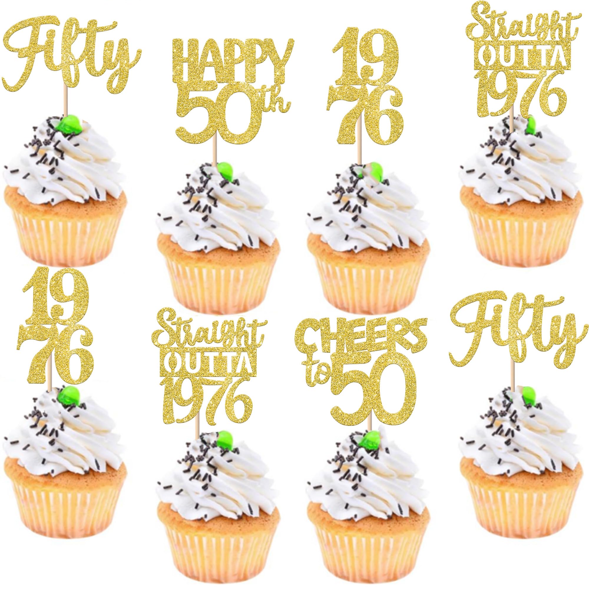 ZHUOWEISM 30Pcs Happy 50th Birthday Cupcake Toppers – Gold Glitter, Straight Outta 1976