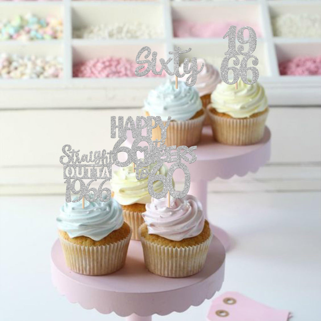 ZHUOWEISM 30Pcs 60th Birthday Cupcake Toppers Glitter Silver – Straight Outta 1966