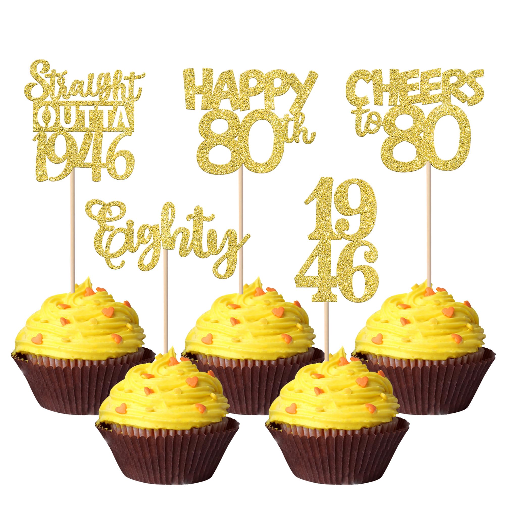 ZHUOWEISM 30Pcs Happy 80th Birthday Cupcake Toppers – Gold Glitter Eighty Straight Outta 1946