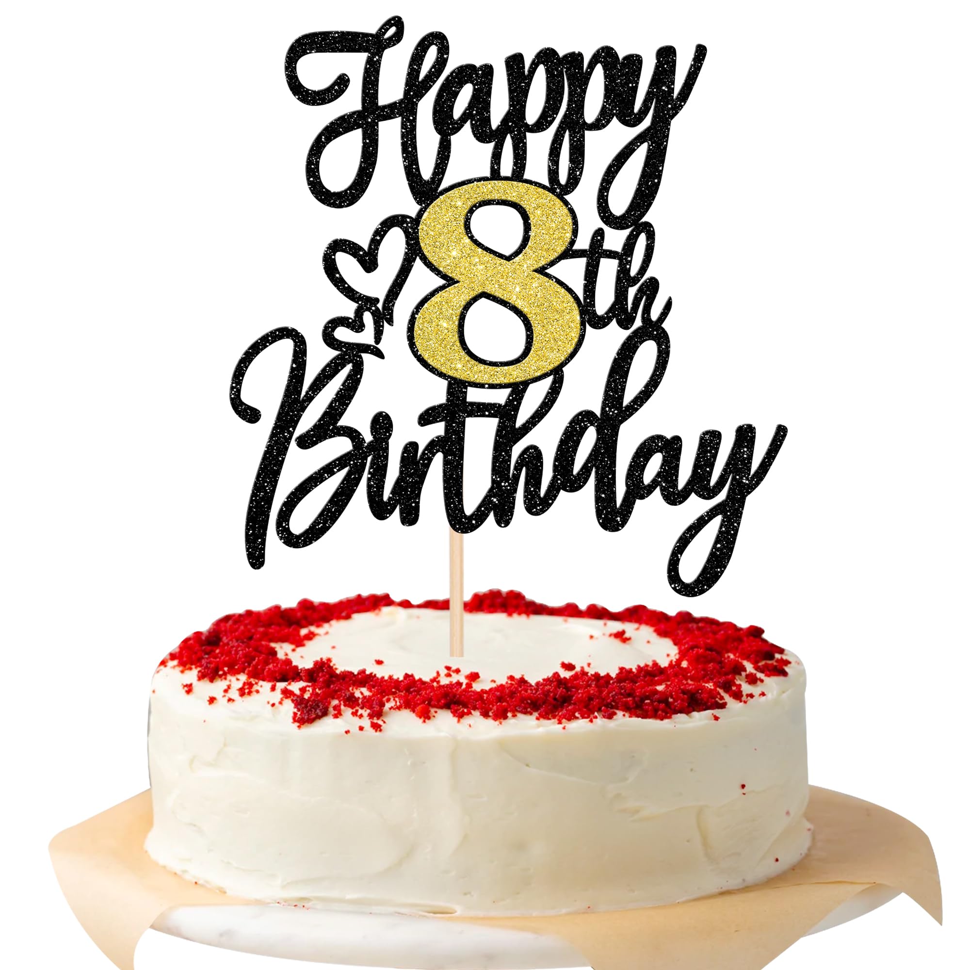 ZHUOWEISM Happy 8th Birthday Cake Topper – Black Gold Glitter Cheers to 8 Years