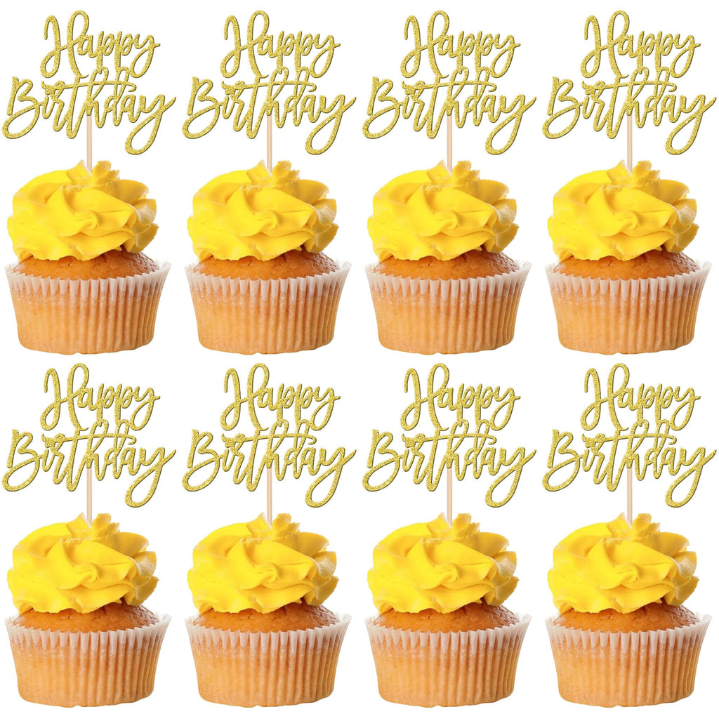 ZHUOWEISM 24 Pcs Happy Birthday Cupcake Toppers Glitter Picks, Gold — Anniversary & Party Cake Decorations