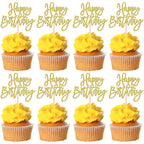 ZHUOWEISM 24 Pcs Happy Birthday Cupcake Toppers Glitter Picks, Gold — Anniversary & Party Cake Decorations