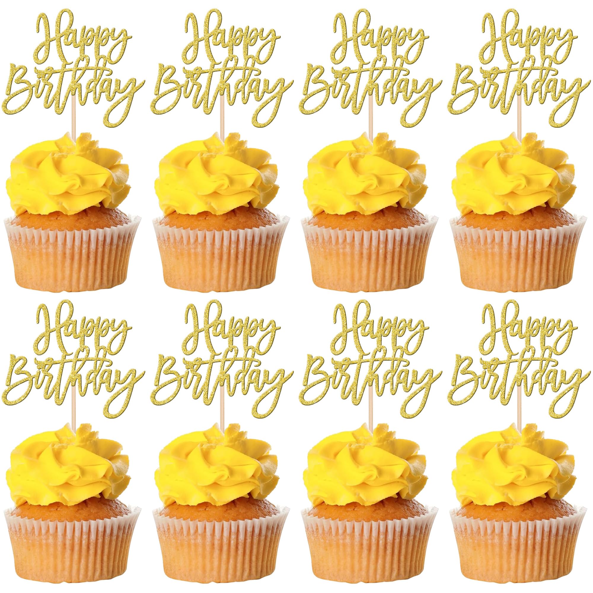 ZHUOWEISM 24 Pcs Happy Birthday Cupcake Toppers Glitter Picks, Gold — Anniversary & Party Cake Decorations