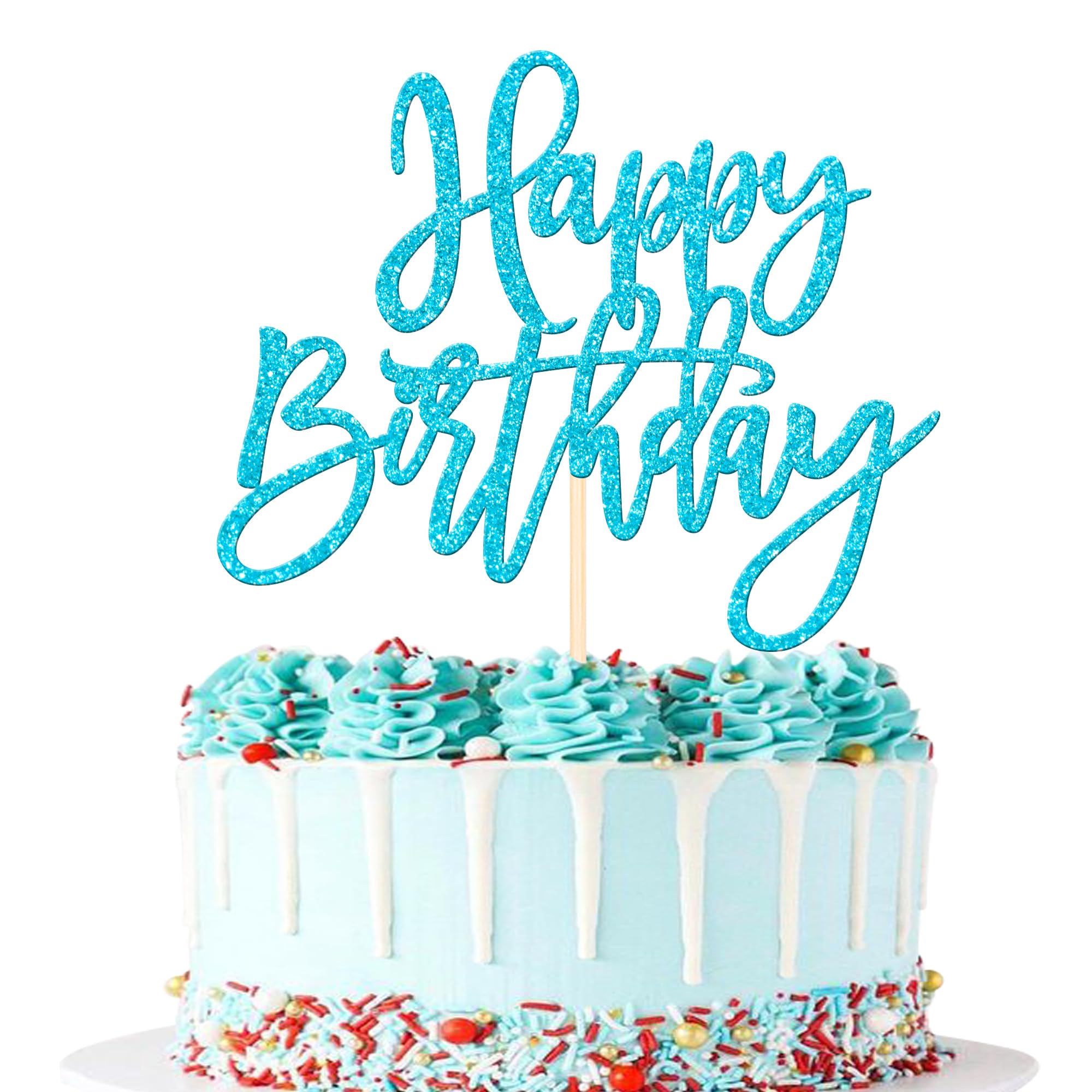 ZHUOWEISM 1 PC Glitter Happy Birthday Cake Topper – Light Blue