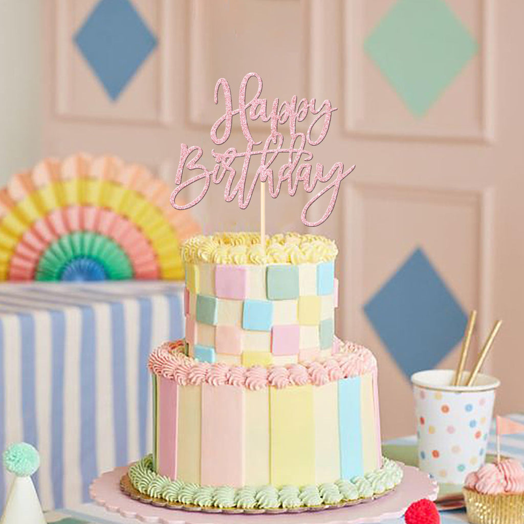 ZHUOWEISM 1-Pcs Happy Birthday Glitter Cake Topper - Light Pink, Ready-to-Use Party Decor