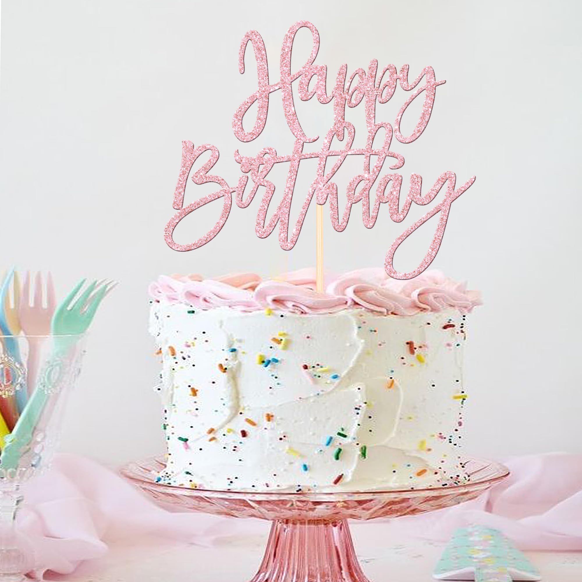 ZHUOWEISM 1-Pcs Happy Birthday Glitter Cake Topper - Light Pink, Ready-to-Use Party Decor