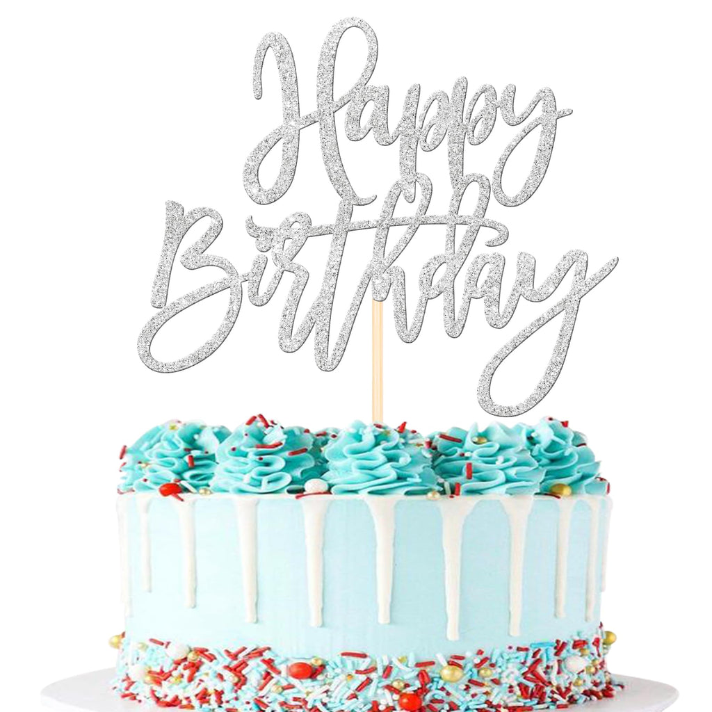 ZHUOWEISM 1pc Happy Birthday Glitter Cake Topper – Silver, Pre-assembled Cake Pick