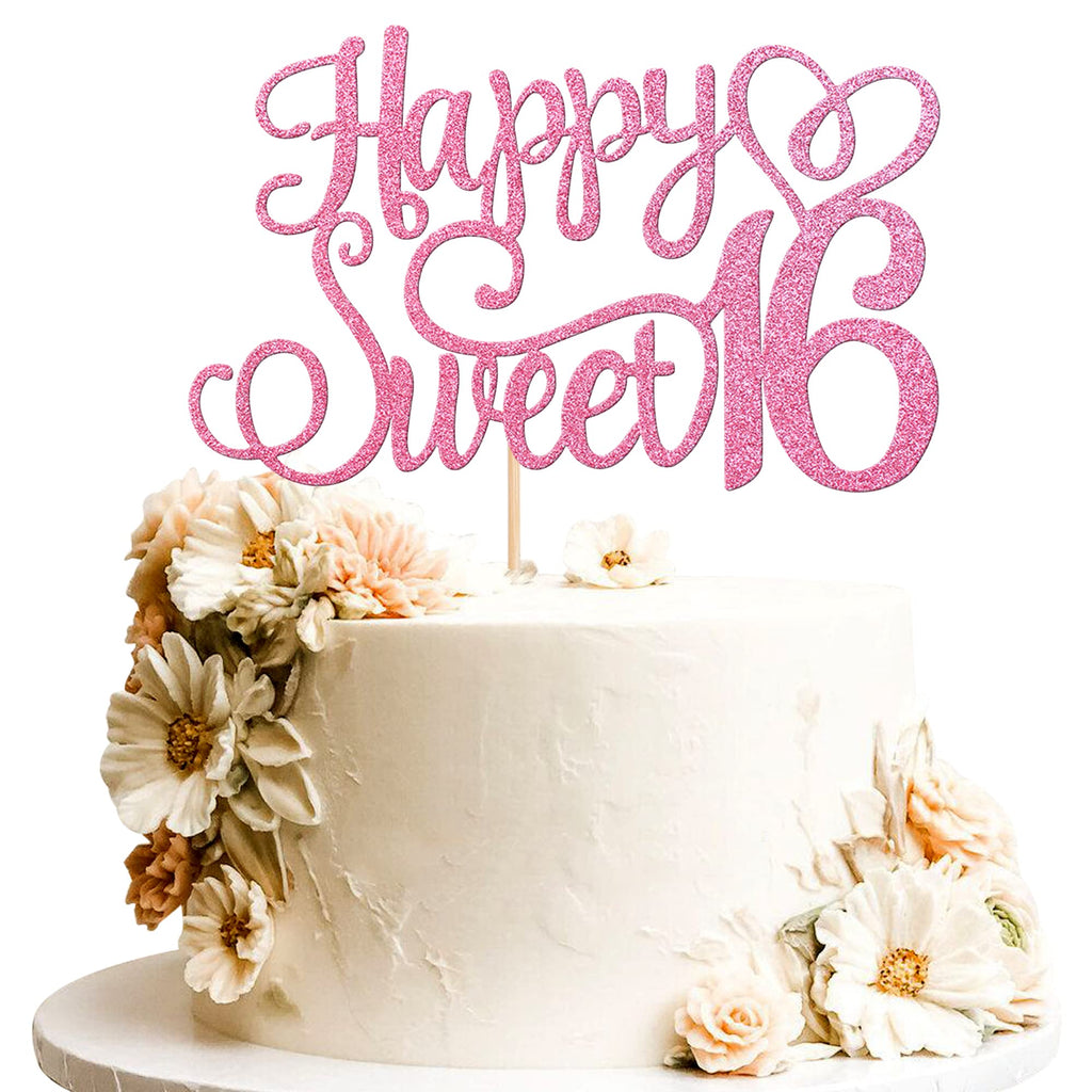 ZHUOWEISM Happy Sweet 16 Cake Topper - Glitter Hello 16 Pink - Pre-Assembled Birthday Party Decoration