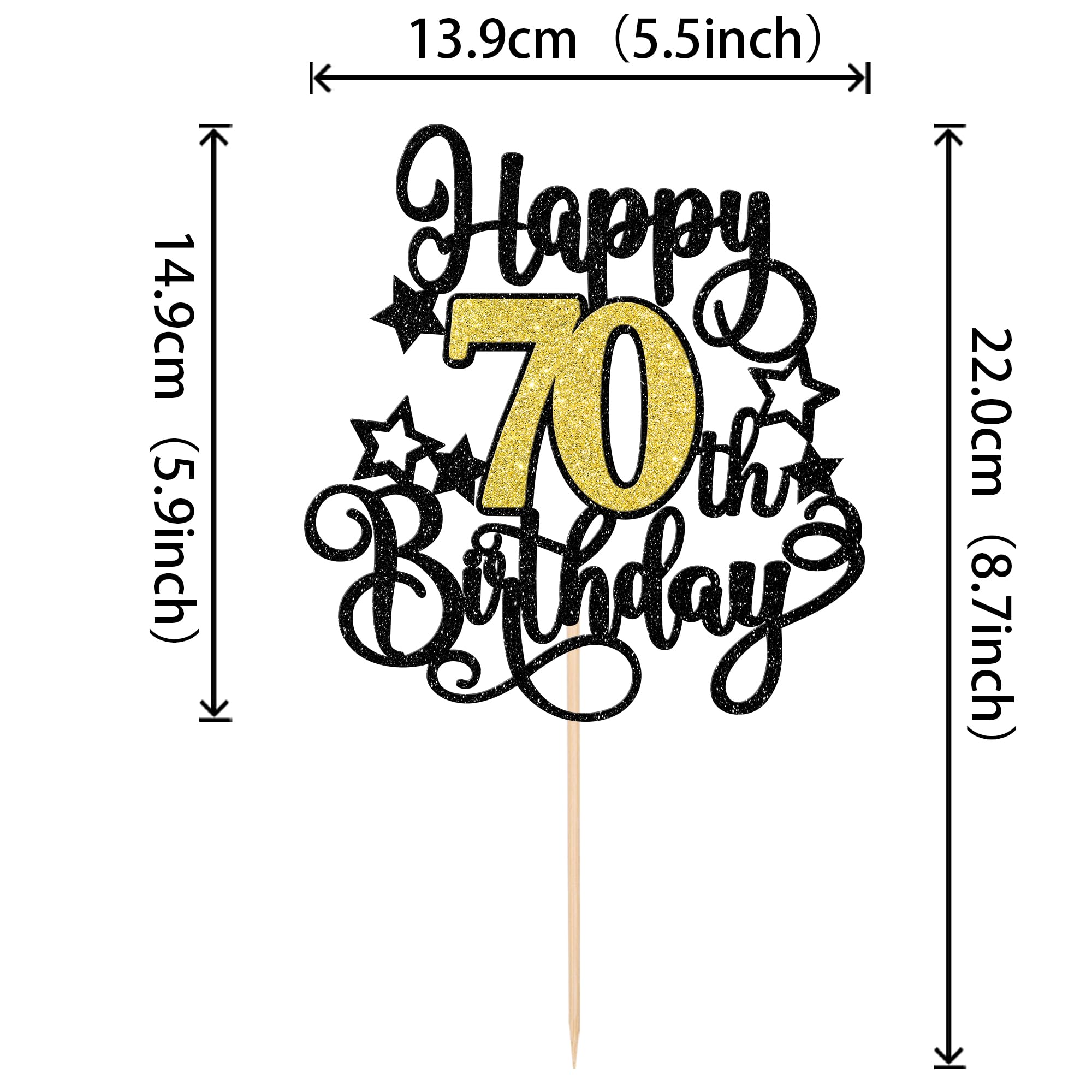 ZHUOWEISM 1-Piece Happy 70th Birthday Cake Topper – Black Gold Glitter, Cheers to 70 Years