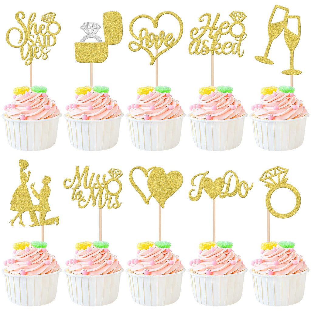 ZHUOWEISM 30-Piece Glitter Cupcake Toppers – He Asked She Said Yes | Miss to Mrs I Do Love Heart Ring