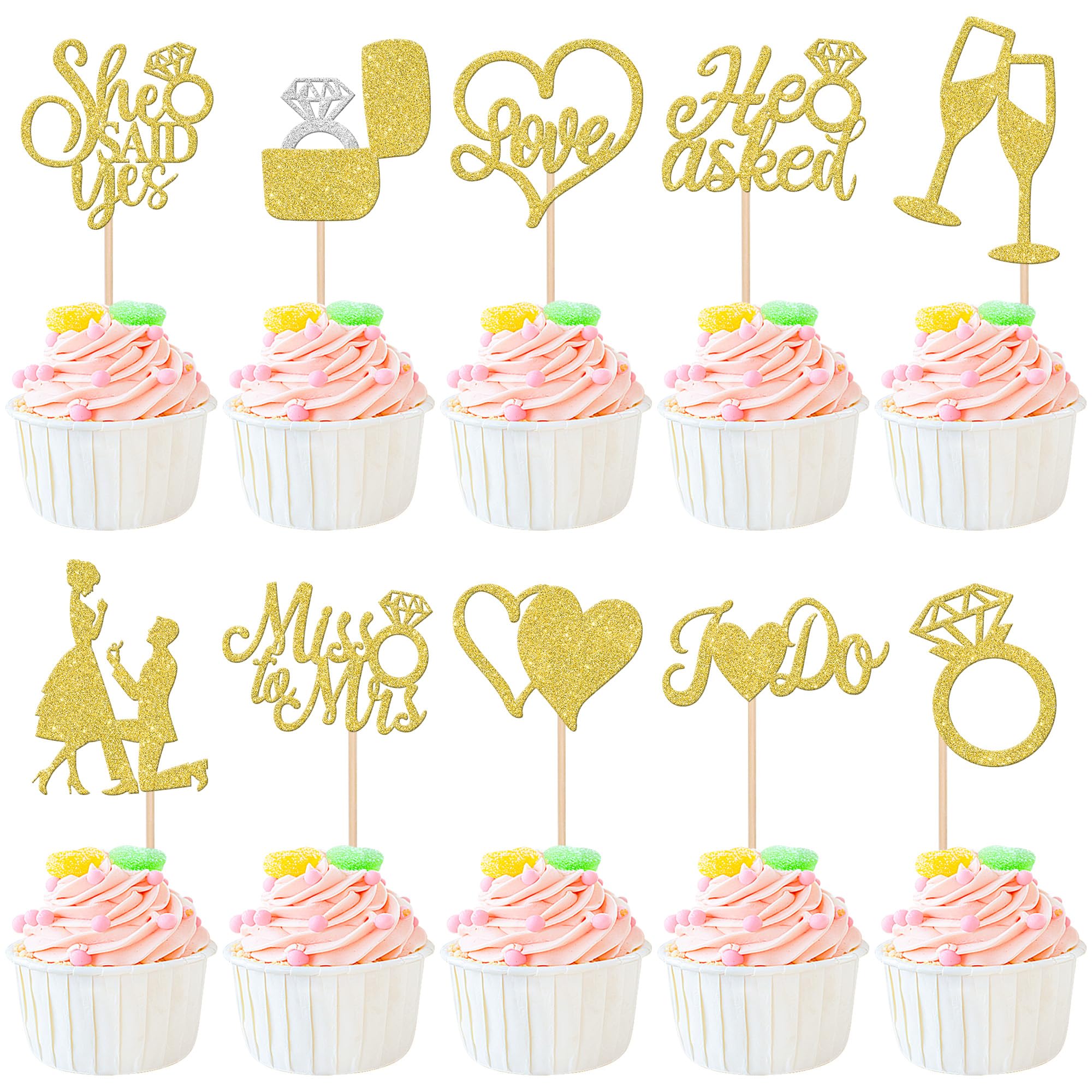 ZHUOWEISM 30-Piece Glitter Cupcake Toppers – He Asked She Said Yes | Miss to Mrs I Do Love Heart Ring