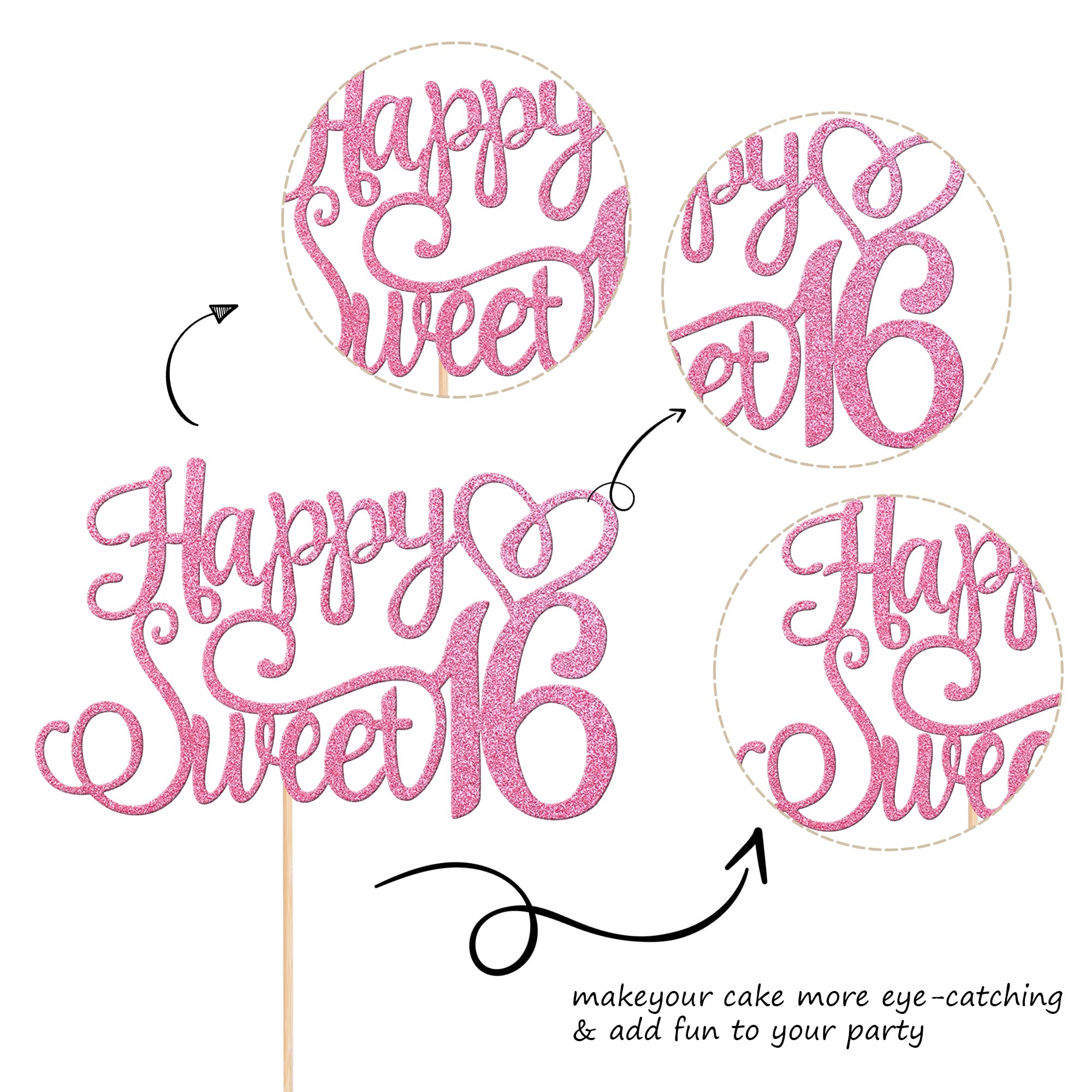 ZHUOWEISM Happy Sweet 16 Cake Topper - Glitter Hello 16 Pink - Pre-Assembled Birthday Party Decoration