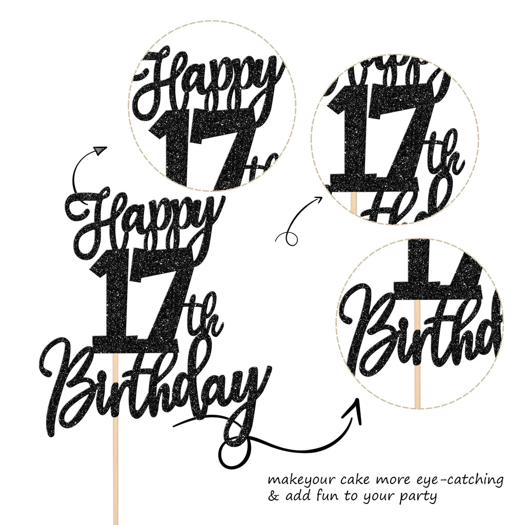 ZHUOWEISM Happy 17th Birthday Cake Topper – Glitter Cheers to 17 Years, Pre-assembled Decoration
