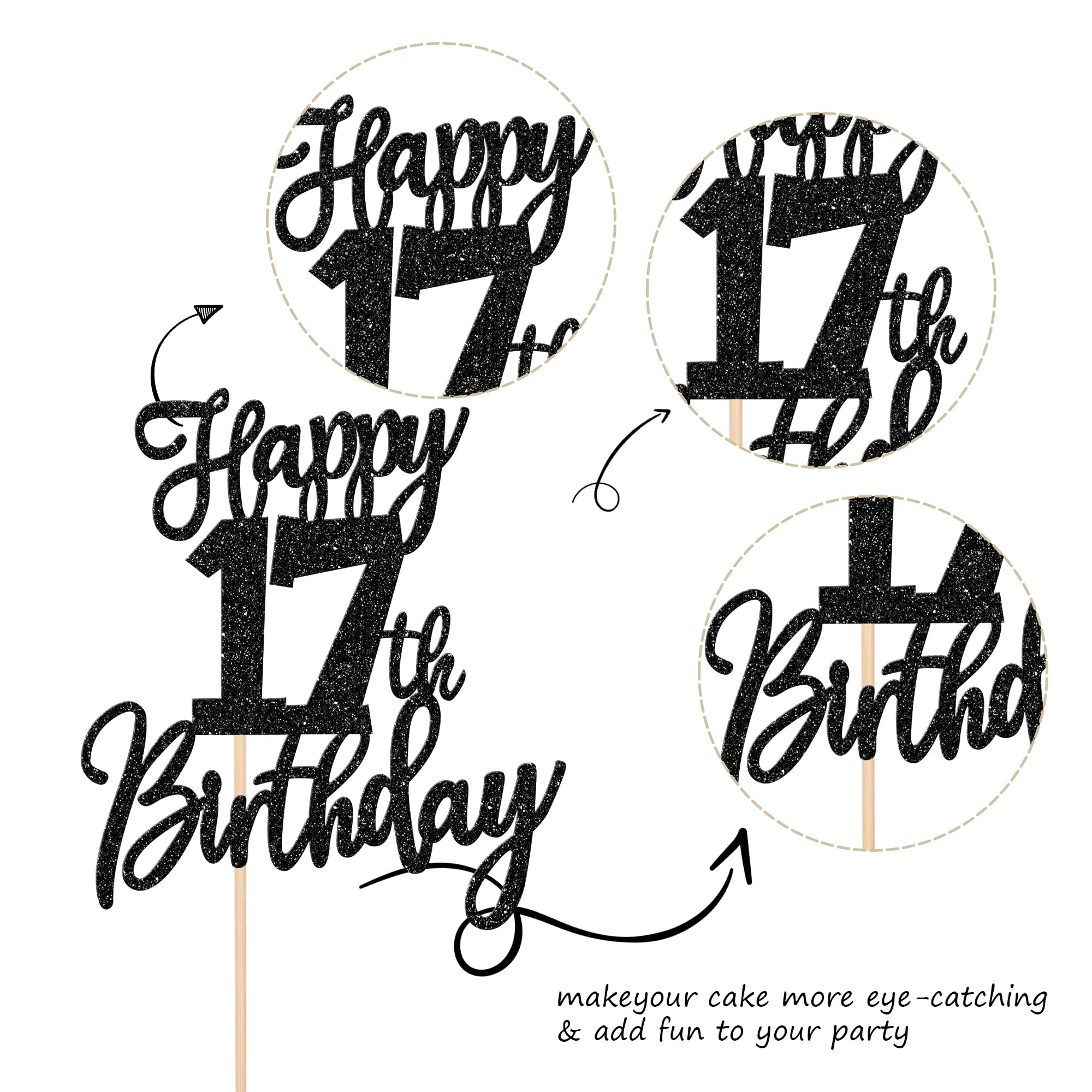ZHUOWEISM Happy 17th Birthday Cake Topper – Glitter Cheers to 17 Years, Pre-assembled Decoration