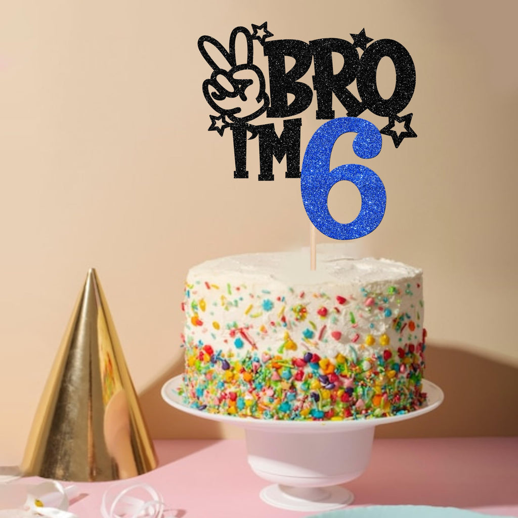 ZHUOWEISM Brother I am 6 Cake Topper Blue Glitter Star – Happy 6th Birthday Decoration