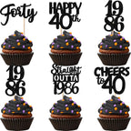 ZHUOWEISM 30pcs Black Glitter Cupcake Toppers - Straight Outta 1986 for 40th Birthday & Anniversary