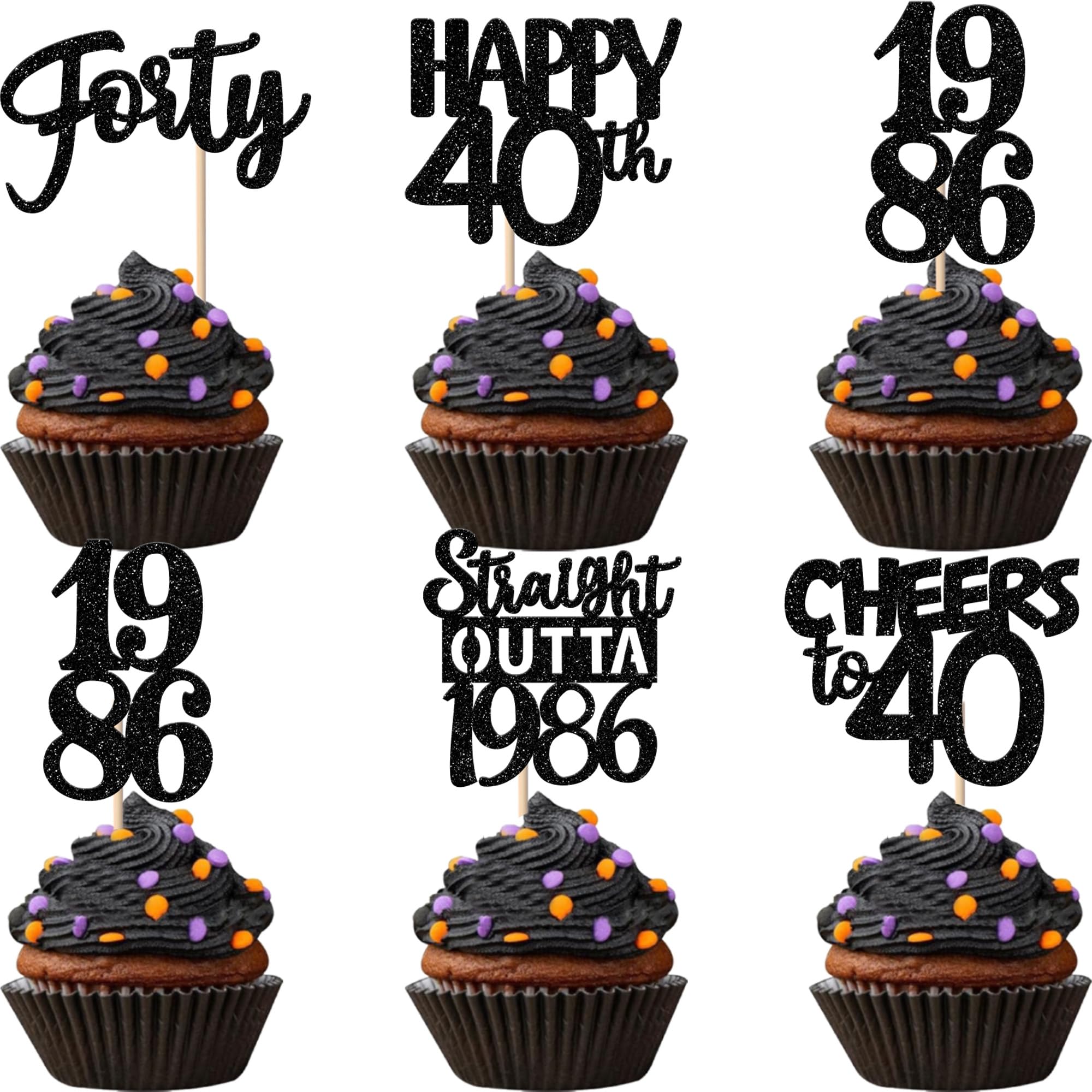 ZHUOWEISM 30pcs Black Glitter Cupcake Toppers - Straight Outta 1986 for 40th Birthday & Anniversary