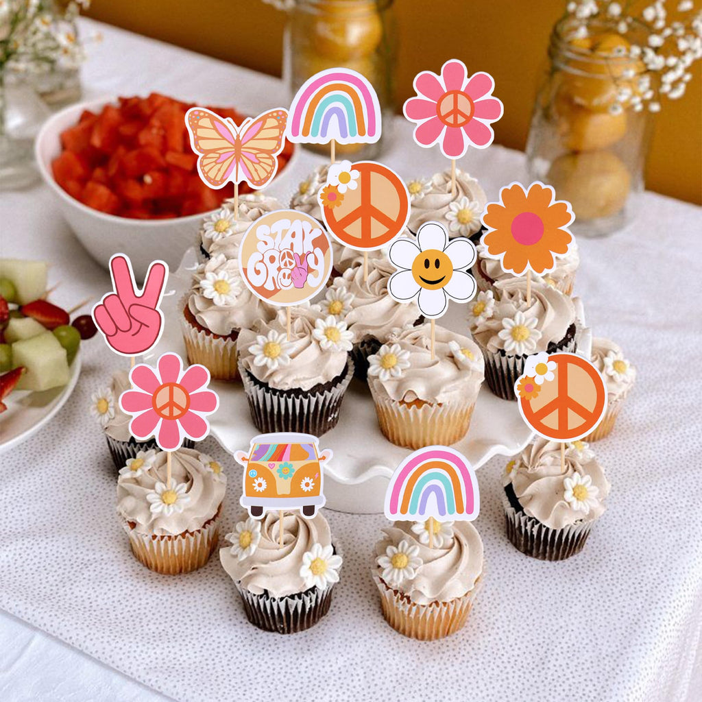 ZHUOWEISM 36 PCS Hippie Cupcake Toppers – Peace Sign, Butterfly, Daisy Flower, 60s Retro Boho Picks