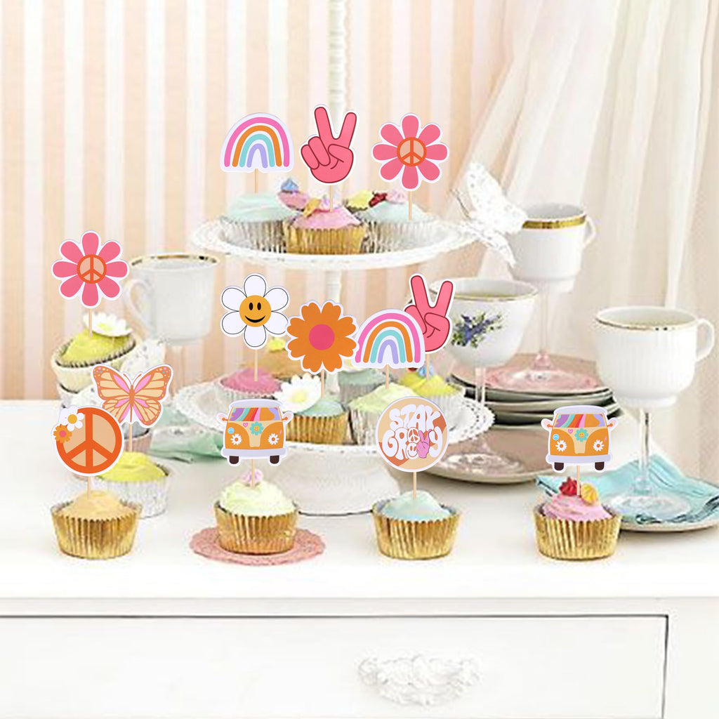 ZHUOWEISM 36 PCS Hippie Cupcake Toppers – Peace Sign, Butterfly, Daisy Flower, 60s Retro Boho Picks