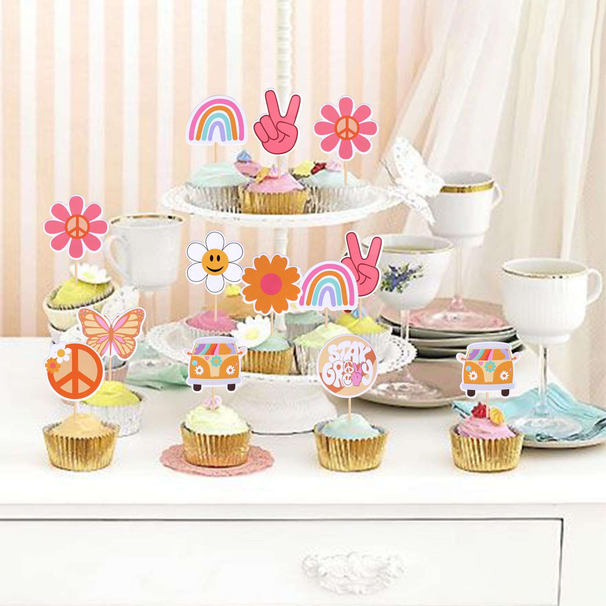 ZHUOWEISM 36 PCS Hippie Cupcake Toppers – Peace Sign, Butterfly, Daisy Flower, 60s Retro Boho Picks