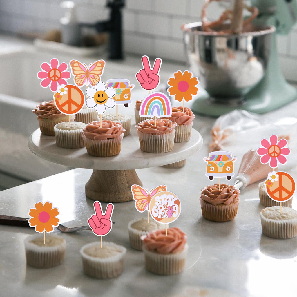 ZHUOWEISM 36 PCS Hippie Cupcake Toppers – Peace Sign, Butterfly, Daisy Flower, 60s Retro Boho Picks