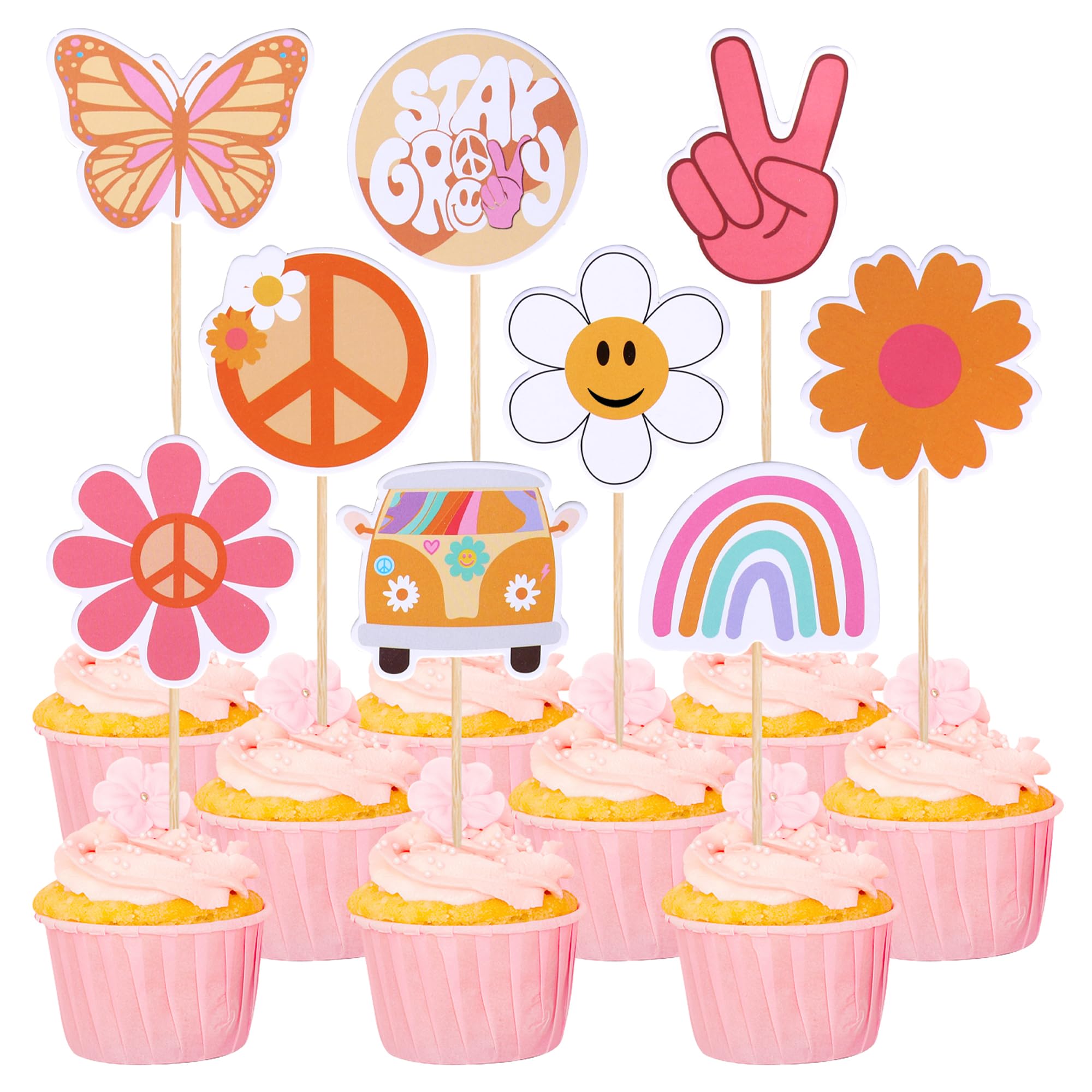 ZHUOWEISM 36 PCS Hippie Cupcake Toppers – Peace Sign, Butterfly, Daisy Flower, 60s Retro Boho Picks