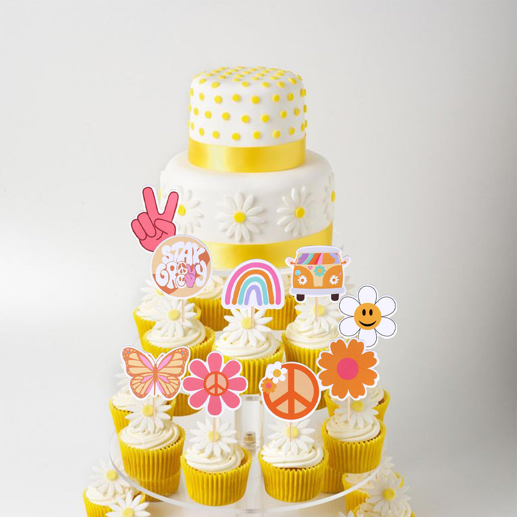 ZHUOWEISM 36 PCS Hippie Cupcake Toppers – Peace Sign, Butterfly, Daisy Flower, 60s Retro Boho Picks