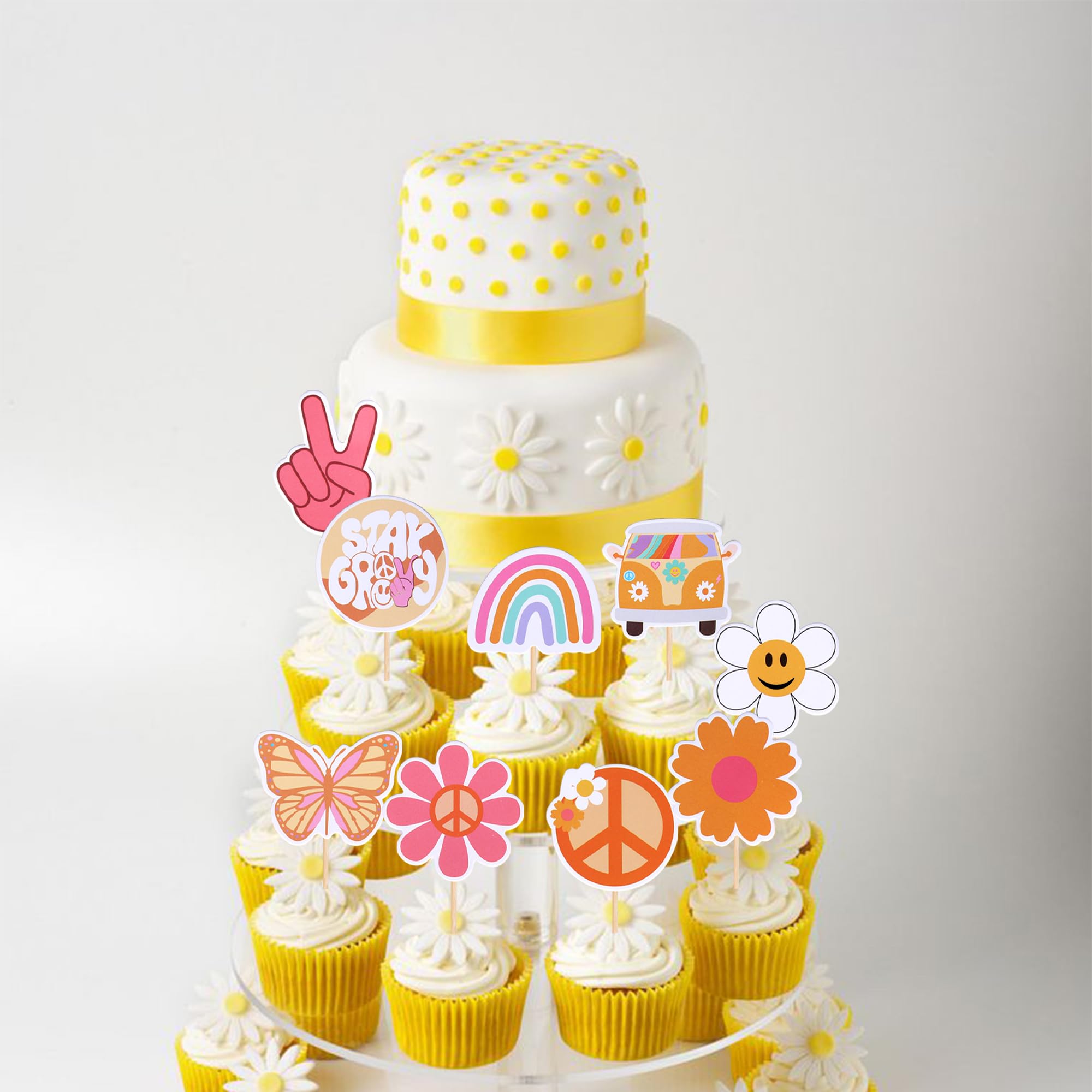 ZHUOWEISM 36 PCS Hippie Cupcake Toppers – Peace Sign, Butterfly, Daisy Flower, 60s Retro Boho Picks