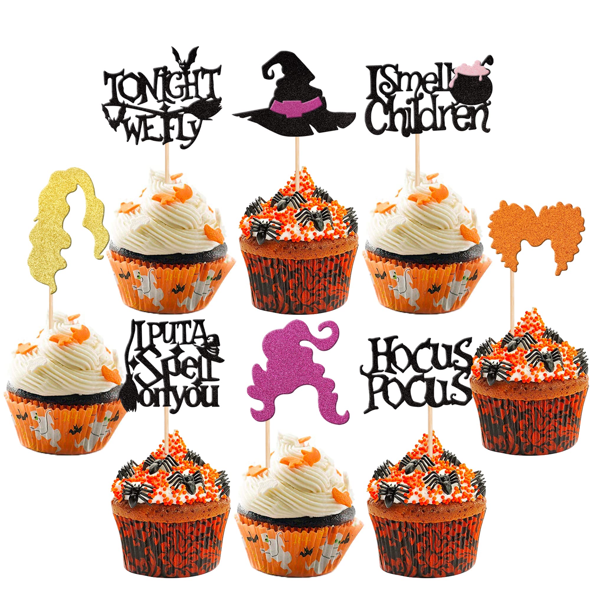 ZHUOWEISM 32 Pcs Hocus Pocus Cupcake Toppers – Glitter Witch Hat Picks for Halloween Party