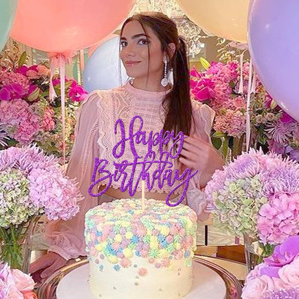 ZHUOWEISM 1-Pcs Glitter Happy Birthday Cake Topper | Purple, No Assembly, Food-Grade Stick