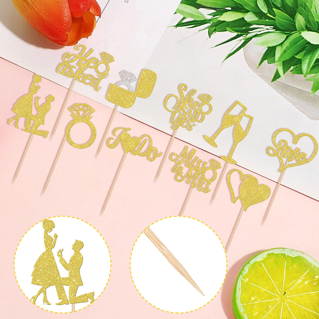 ZHUOWEISM 30-Piece Glitter Cupcake Toppers – He Asked She Said Yes | Miss to Mrs I Do Love Heart Ring