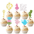 ZHUOWEISM 24 PCS Magic Alice Cupcake Toppers – Glitter, Eat Me, Clock, Fairy Party Picks