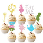 ZHUOWEISM 24 PCS Magic Alice Cupcake Toppers – Glitter, Eat Me, Clock, Fairy Party Picks