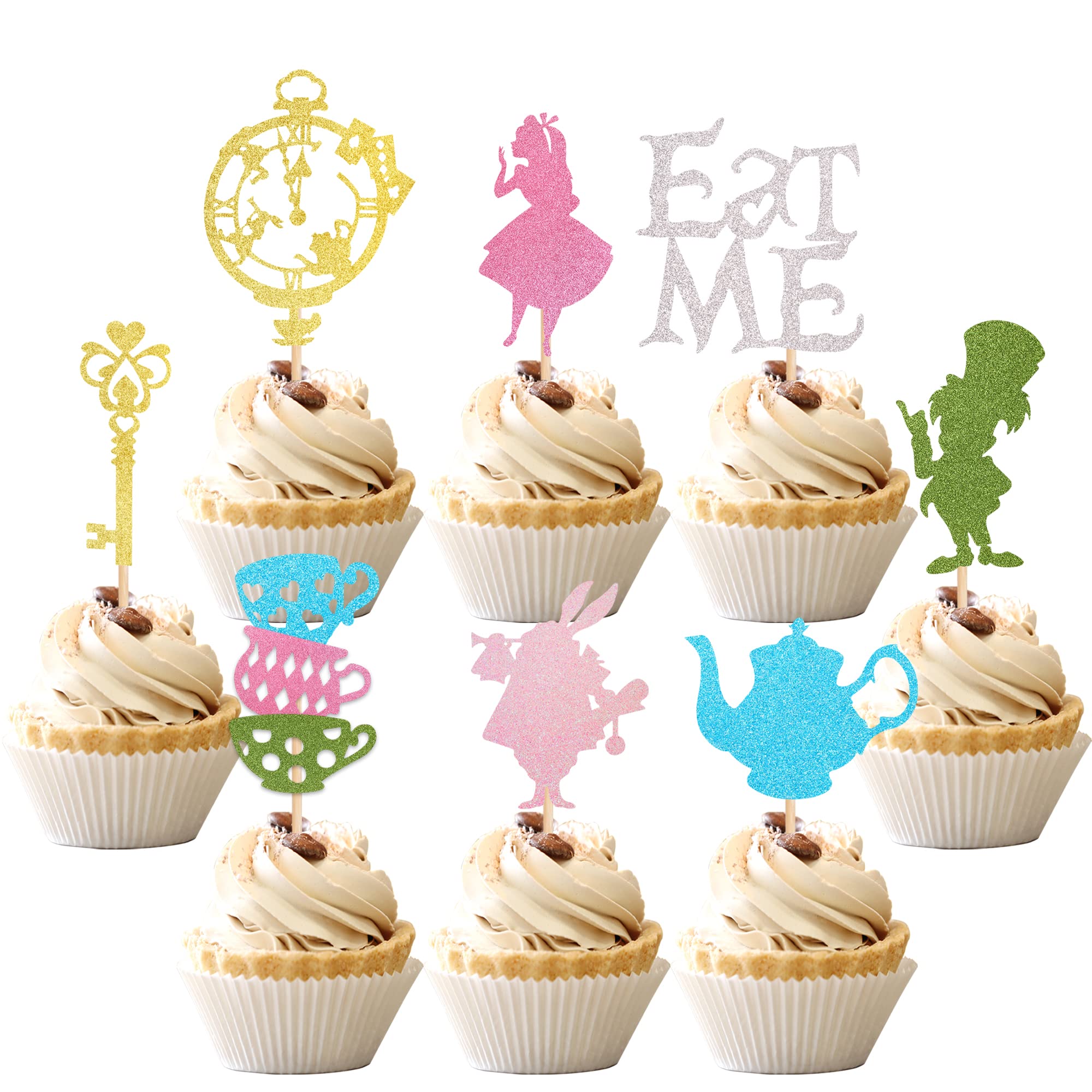 ZHUOWEISM 24 PCS Magic Alice Cupcake Toppers – Glitter, Eat Me, Clock, Fairy Party Picks