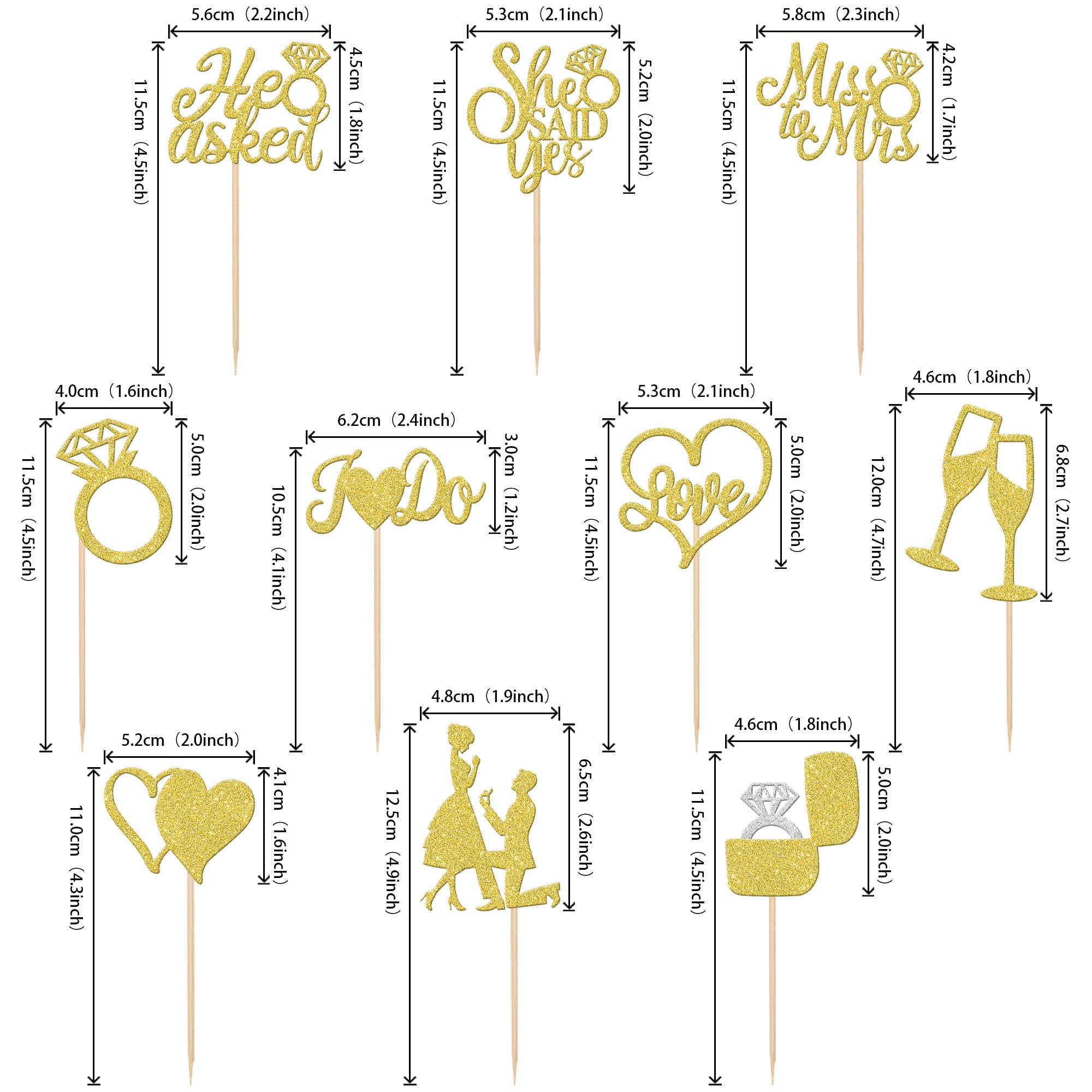 ZHUOWEISM 30-Piece Glitter Cupcake Toppers – He Asked She Said Yes | Miss to Mrs I Do Love Heart Ring